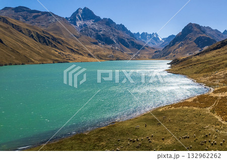 Aerial view of the Querococha lagoon, in the Ancash region. 132962262