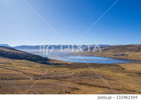 Aerial view of the Conococha lagoon in the mountains of Ancash. 132962304
