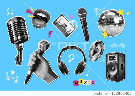 Music halftone collage. Microphone, speaker headphones sing ear mouth karaoke broadcast record mic mike elements retro pop art cutout vintage stickers, exact vector illustration 132962406