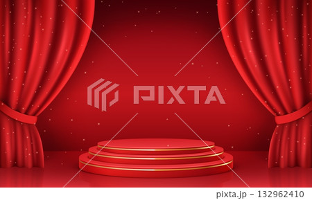 Realistic red podium. Elegant platform with silk curtains, cosmetic product display presentation pedestal stage gold glitter abstract stand luxury background 3d vector illustration Realistic red podium. Elegant platform with silk curtains, cosmetic product display presentation pedestal stage gold glitter abstract stand luxury background 3d vector illustration 132962410