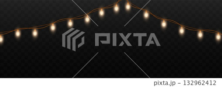 Realistic electric garland. Led lamps on string, yellow light bulb festive christmas new year birthday party decoration garlands ribbon transparent background vector illustration 132962412