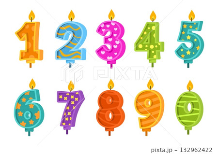 Cartoon number candles. Birthday candle for cake, anniversary celebration party age numbers design 1 2 3 4 5 6 7 8 9 shape first bday baby day holiday, kicky vector illustration Cartoon number candles. Birthday candle for cake, anniversary celebration party age numbers design 1 2 3 4 5 6 7 8 9 shape first bday baby day holiday, kicky vector illustration 132962422