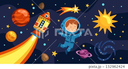 Children outer space. Kids astronauts exploring galaxy planets, little astronaut cosmic rocket in star sky universe, cartoon kid cosmonaut in spacesuit kicky vector illustration 132962424