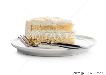 Sweet creamy cake on plate isolated on white background. Sweet creamy cake on plate isolated on white background. 132962544