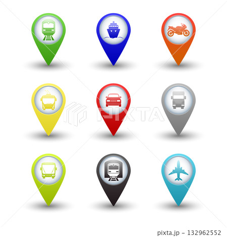 Transportation Location Icons Set. Vector Color Map Pins with Car, Bus, Train, Metro, Plane, Ship Symbols. Travel and Navigation Markers for Map App, GPS Interface, City Transport, Travel Design 132962552