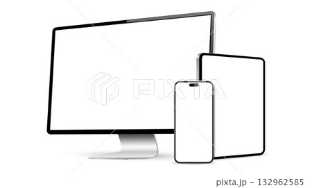 Desktop computer, tablet pc and mobile phone screen mockup. Digital device elements isolated on white background. 132962585