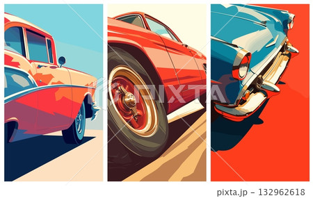 Retro car posters set. Old blue red cars, classic transport minimalist vertical background vector illustration 132962618
