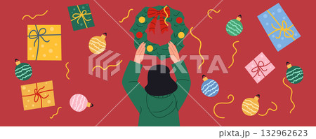 Holiday banner with woman decorating for Christmas, New Year with wreath, surrounded by festive gifts, Christmas balls, and confetti on a bright red background. Perfect for seasonal greeting Holiday banner with woman decorating for Christmas, New Year with wreath, surrounded by festive gifts, Christmas balls, and confetti on a bright red background. Perfect for seasonal greeting 132962623