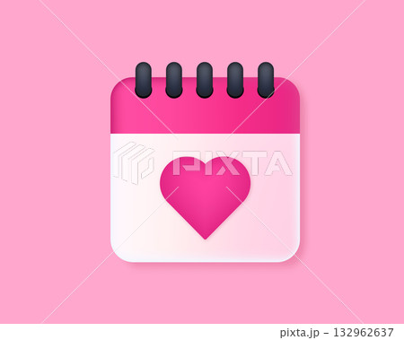Calendar Date with Heart 3D. Daily wedding event schedule planner, valentines day. Menstrual calendar for control women cycle. Vector illustration. 132962637