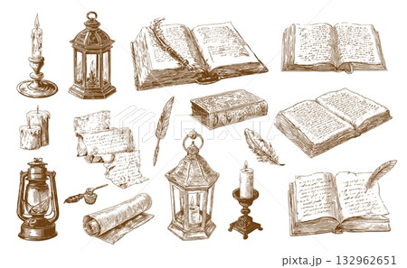 manuscript ancient engraving. Candle candlestick book pen ink lantern scroll paper retro set, antique writer monochrome sketch vector illustration manuscript ancient engraving. Candle candlestick book pen ink lantern scroll paper retro set, antique writer monochrome sketch vector illustration 132962651