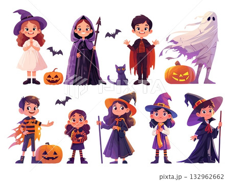 Halloween kids cartoon set. Child ghost witch vampire, image purple orange outfit costume pumpkin bat holiday vector illustration 132962662