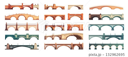 Bridges cartoon set. Arched bridge, stone beam metal structure side view building urban architecture engineering design vector illustration Bridges cartoon set. Arched bridge, stone beam metal structure side view building urban architecture engineering design vector illustration 132962695