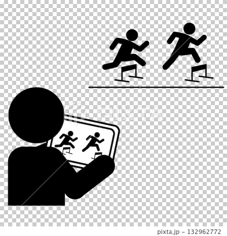 圖示：一個人用平板電腦拍攝並記錄跨欄比賽（資訊通信技術體育教育） 132962772