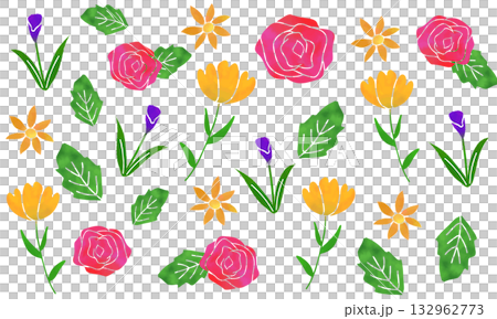 水彩風の花と葉っぱのパターン背景イラスト 132962773