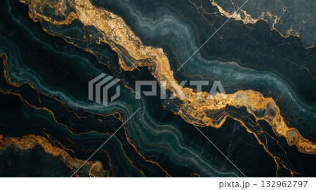 Elegant black green and gold marble texture with wavy patterns, natural stone details background 132962797