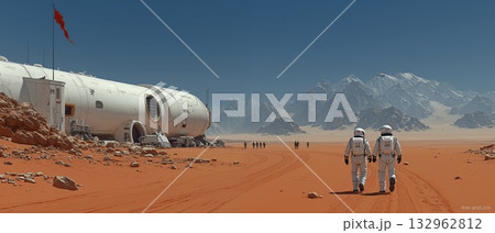 Futuristic mars base with astronauts walking on red desert, rocky mountains in background 132962812