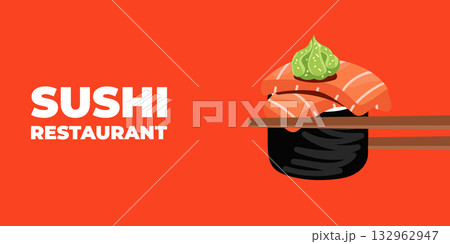 Bright sushi restaurant web banner with chopsticks holding sushi rolls on red background. Japanese food concept for restaurant, cafe, delivery or website promotion. Vector illustration 132962947
