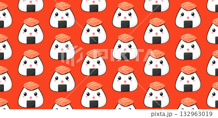 Seamless vector pattern with cute onigiri rice balls for Asian sushi restaurant design, packaging, menu design, and branding projects Seamless vector pattern with cute onigiri rice balls for Asian sushi restaurant design, packaging, menu design, and branding projects 132963019