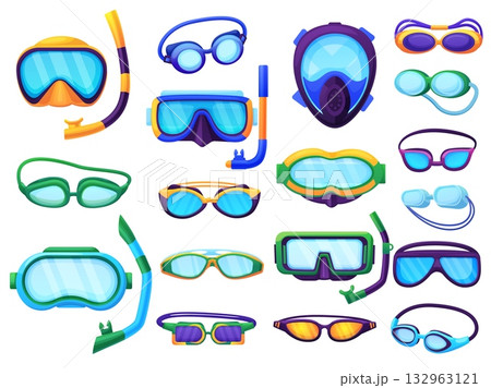 Swimming goggles and masks. Diving snorkeling mask, glasses for swim in pool sea ocean. Underwater accessories for children, adults, scuba tools, nowaday vector clipart 132963121