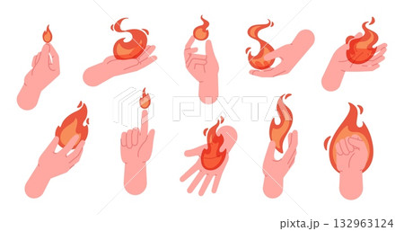 Hot fires in hands. Human hand holding burning flames. Flammable elements in arm, magic fantasy fire tale. Wizards fireballs, magical racy vector clipart 132963124