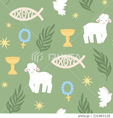 Christian seamless pattern. Religion symbols, christianity church elements. Decorative print with cartoon sheep, golden cup, branches, racy vector background 132963126