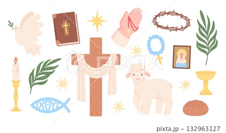 Religious christian signs. Christianity symbols, orthodoxal catholic symbols. Christmas, easter holiday elements. Praying hands, bible, cross, sheep, racy vector set 132963127