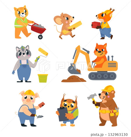 Animal builders working. Funny bear fox raccoon pig wearing uniform and using construction tools. Building process, bear and squirrel in helmets, classy vector set Animal builders working. Funny bear fox raccoon pig wearing uniform and using construction tools. Building process, bear and squirrel in helmets, classy vector set 132963130