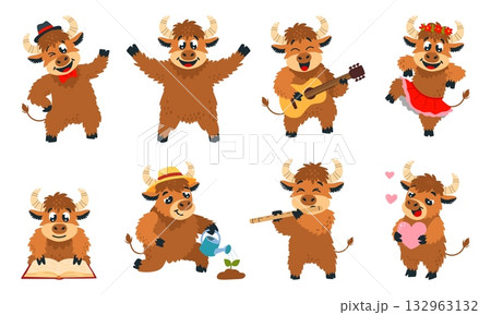 Funny cartoon yak. Isolated yak, cute farm characters dancing, play music, planting and reading book. Children cattle mascots, classy vector set Funny cartoon yak. Isolated yak, cute farm characters dancing, play music, planting and reading book. Children cattle mascots, classy vector set 132963132
