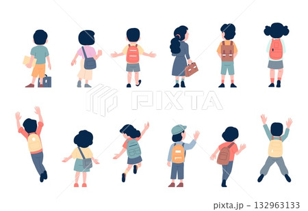 School kids back view. Little students with backpacks walking, jumping, running and stand. Children go to preschool or home, back side recent vector characters 132963133