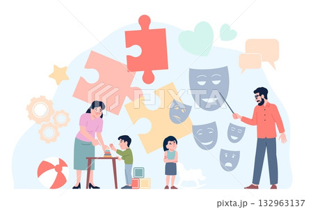 Children autism concept. Therapy for children with psychologist, behavior correction. Training in emotion recognition, social skills, speech, recent vector scene 132963137