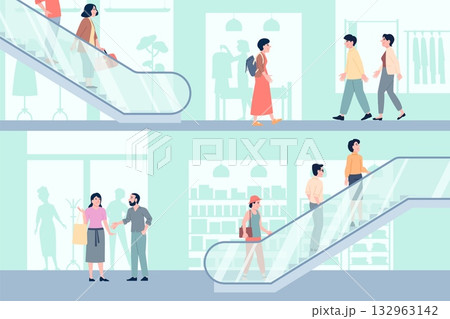 People on escalator. Adults in shopping mall moving up and down. Clothes stores, shop different things. People relaxing in weekend, recent vector scene People on escalator. Adults in shopping mall moving up and down. Clothes stores, shop different things. People relaxing in weekend, recent vector scene 132963142