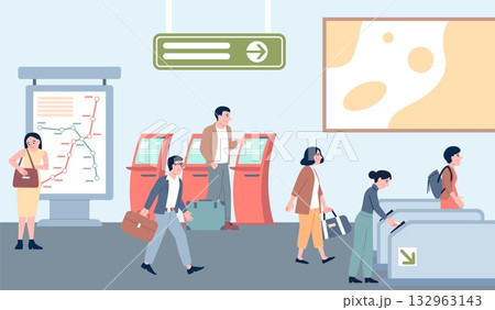 Turnstile entrance in subway. People pass through automated control systems with tickets. Passengers buy ticket in vending machine, route to work, recent vector scene 132963143