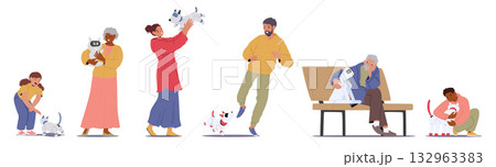 Diverse people characters of different ages playing with mechanical pets isolated set on white 132963383