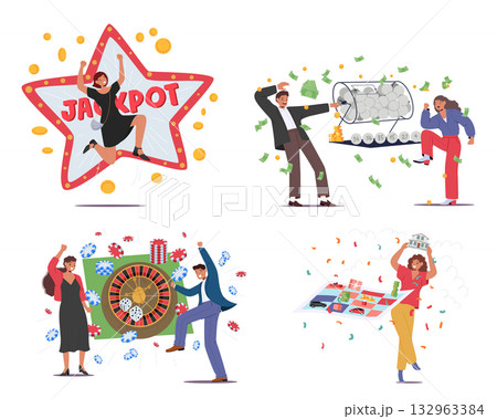 Happy people winners celebrating sudden prosperity due to success in gambling isolated set Happy people winners celebrating sudden prosperity due to success in gambling isolated set 132963384