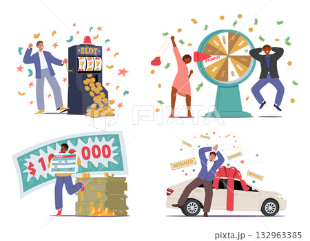Lucky people happy cartoon characters winning prize playing games of chance isolated scene set Lucky people happy cartoon characters winning prize playing games of chance isolated scene set 132963385