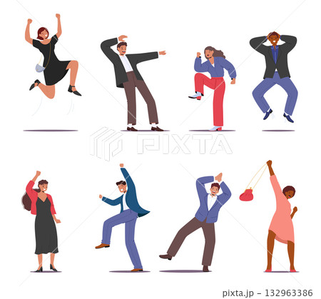 Happy people diverse cartoon characters celebrating success and luck winning lottery isolated set 132963386