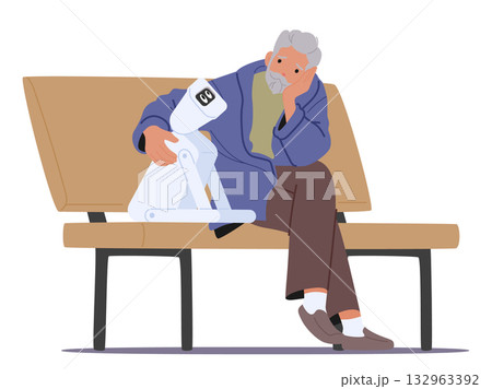 Senior man cartoon character peacefully sitting on wooden park bench with futuristic mechanical pet Senior man cartoon character peacefully sitting on wooden park bench with futuristic mechanical pet 132963392