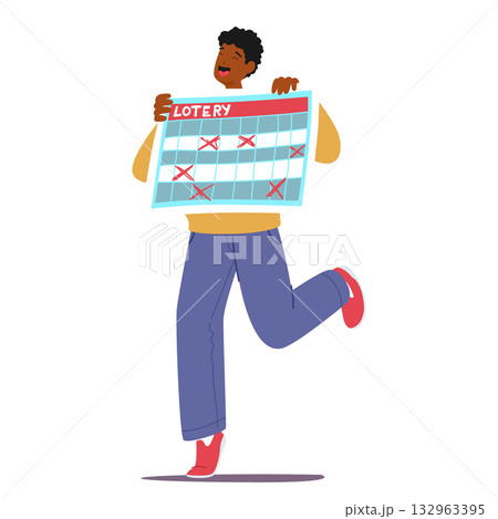 Happy man character holding lottery ticket with lucky numbers celebrating success isolated on white 132963395