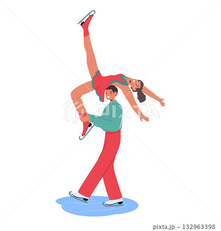 Man woman pair of figure ice-skaters cartoon characters making show on ice rink isolated on white 132963398