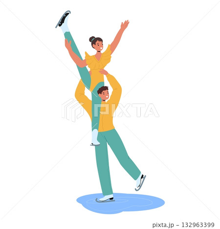 Man holding woman on shoulders, couple figure ice-skaters showcasing professional ice dance Man holding woman on shoulders, couple figure ice-skaters showcasing professional ice dance 132963399