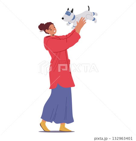 Young woman cartoon character caring for mechanical robotic dog isolated on white background Young woman cartoon character caring for mechanical robotic dog isolated on white background 132963401
