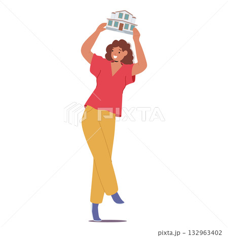 Happy woman cartoon character raising model of home over head rejoicing win real estate in lottery Happy woman cartoon character raising model of home over head rejoicing win real estate in lottery 132963402
