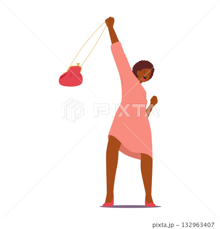 Crazy adult woman winner cartoon character spinning bag over head shining happiness and joy 132963407