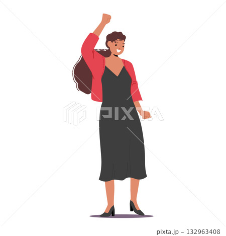 Happy smiling woman cartoon character raising hand rejoicing win celebrating gesturing success 132963408
