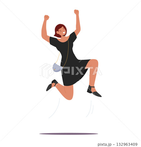 Happy lucky woman cartoon character rejoicing celebrating jumping up high with raised hands 132963409