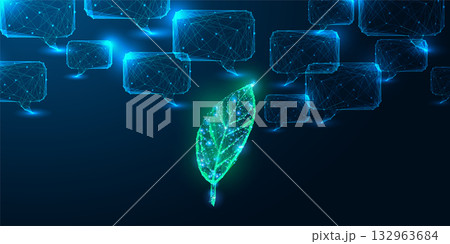 Eco AI and green communication concept with glowing digital leaf and chatbot speech bubbles 132963684