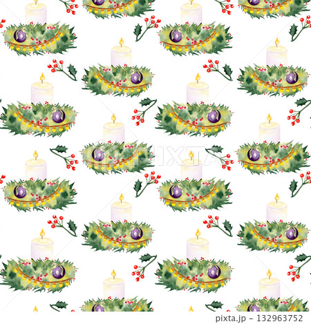 Candles, pine branches, holly berries, baubles, and garland watercolor seamless Christmas pattern isolated on white. Ideal for wrapping paper, fabric, festive backgrounds, holiday crafts, invitations 132963752