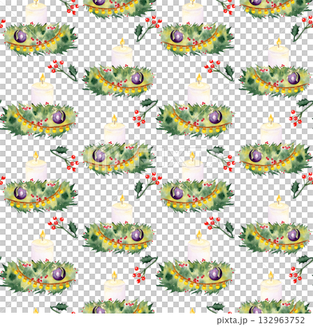 Candles, pine branches, holly berries, baubles, and garland watercolor seamless Christmas pattern isolated on white. Ideal for wrapping paper, fabric, festive backgrounds, holiday crafts, invitations 132963752
