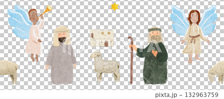Nativity shepherds, angels, Bethlehem house and sheep. Hand-painted watercolor seamless border isolated on white. Perfect for Christmas cards, Sunday school, banners, textile and Christian decor. Holy 132963759