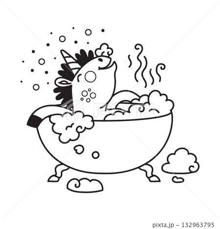 Cute unicorn takes a bubble bath coloring vector illustration Cute unicorn takes a bubble bath coloring vector illustration 132963795